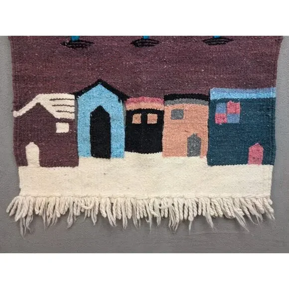 Southwestern Rug Wall Hanging Hand Loomed Woven Landscaping 42x28 Town Scene